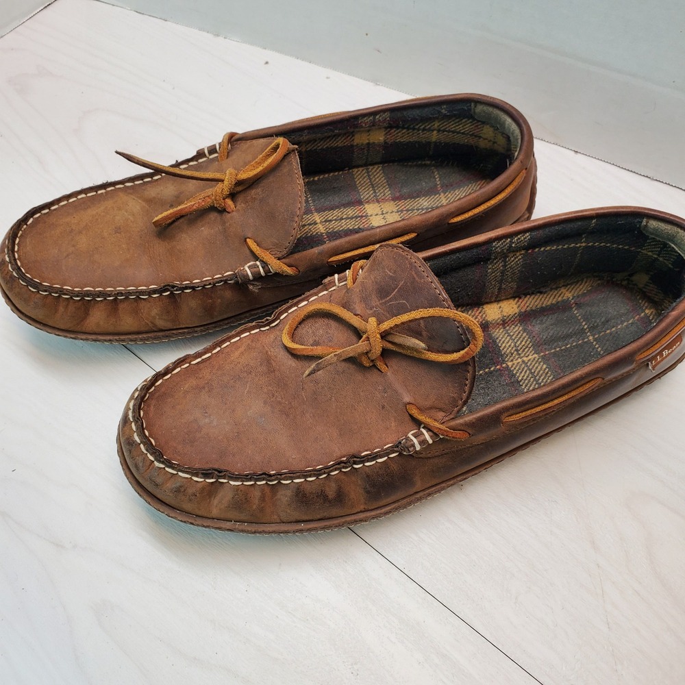 LL Bean Men Wicked Good Moccasins Brown Leather Flannel Lined Slippers 12 M Cozy